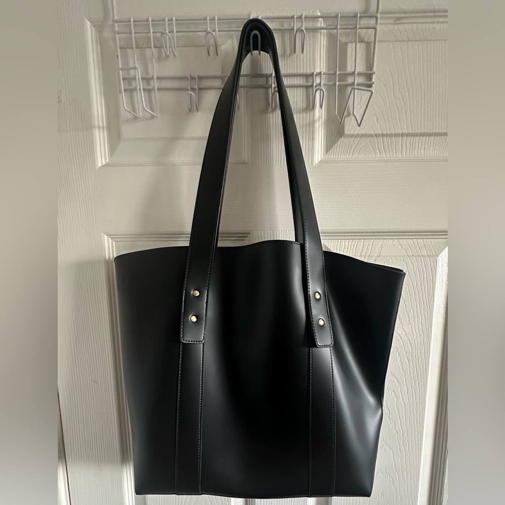 Stylish ASOS Black Leather Tote with Brass Detail